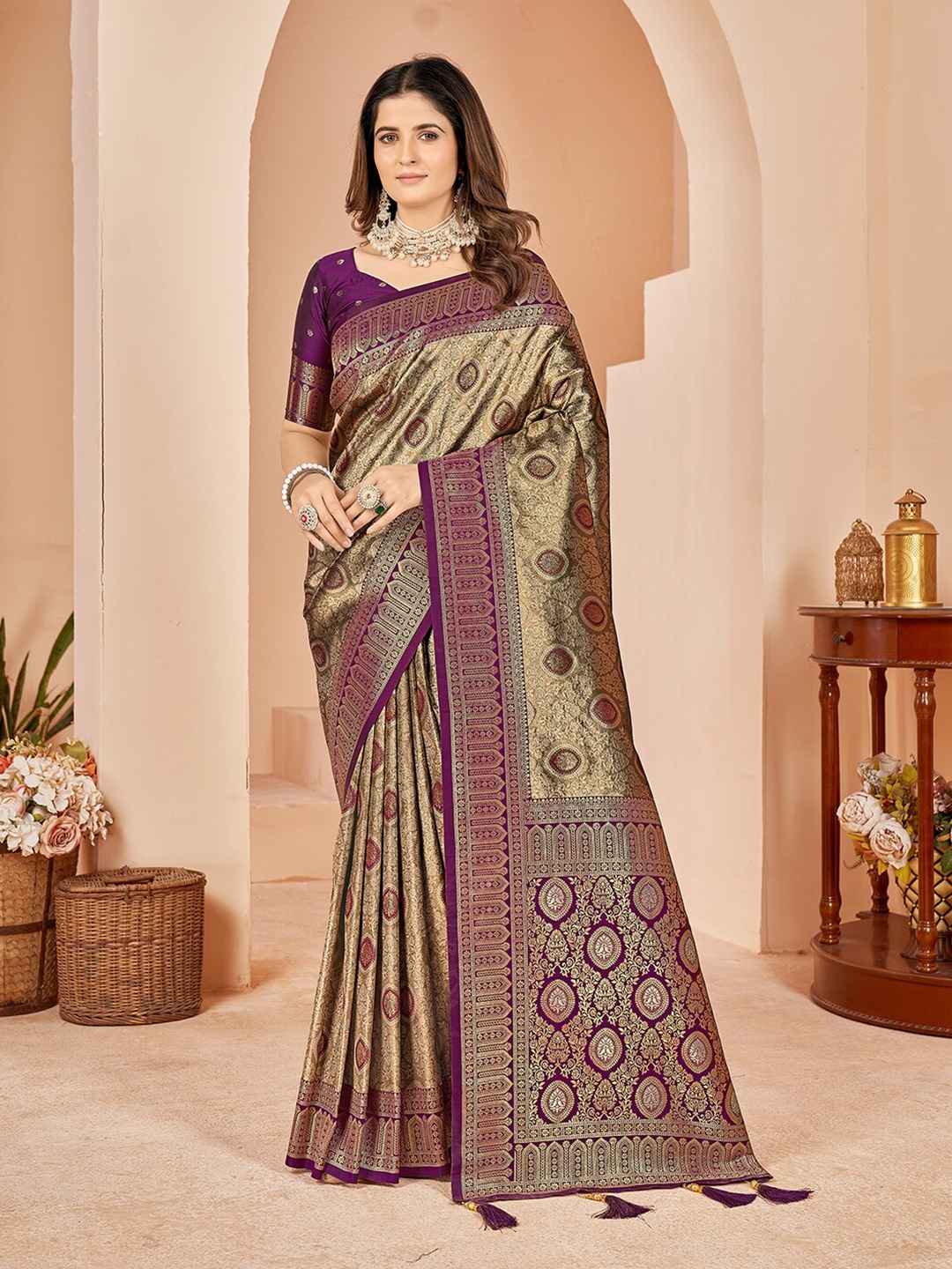 

Mehrang Ethnic Motifs Woven Design Zari Silk Cotton Banarasi Saree, Purple