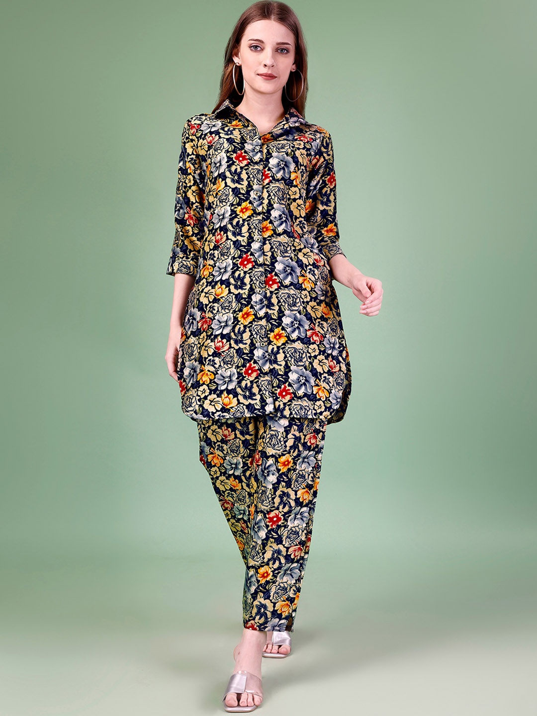 

Ekta Textiles Floral Printed Shirt Collar Shirt With Trousers, Blue