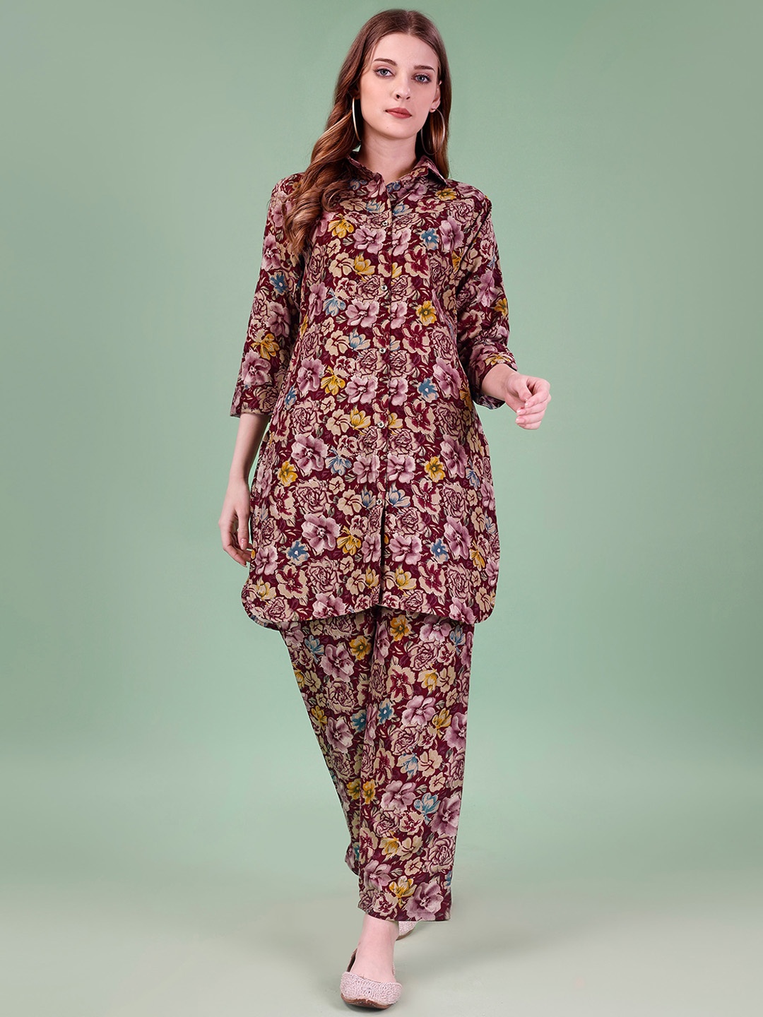 

Ekta Textiles Floral Printed Shirt Collar Top & Trouser, Maroon