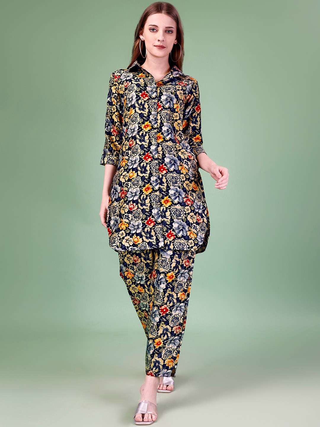 

Divyadham Textiles Floral Printed Shirt Collar Tunic With Trousers, Blue