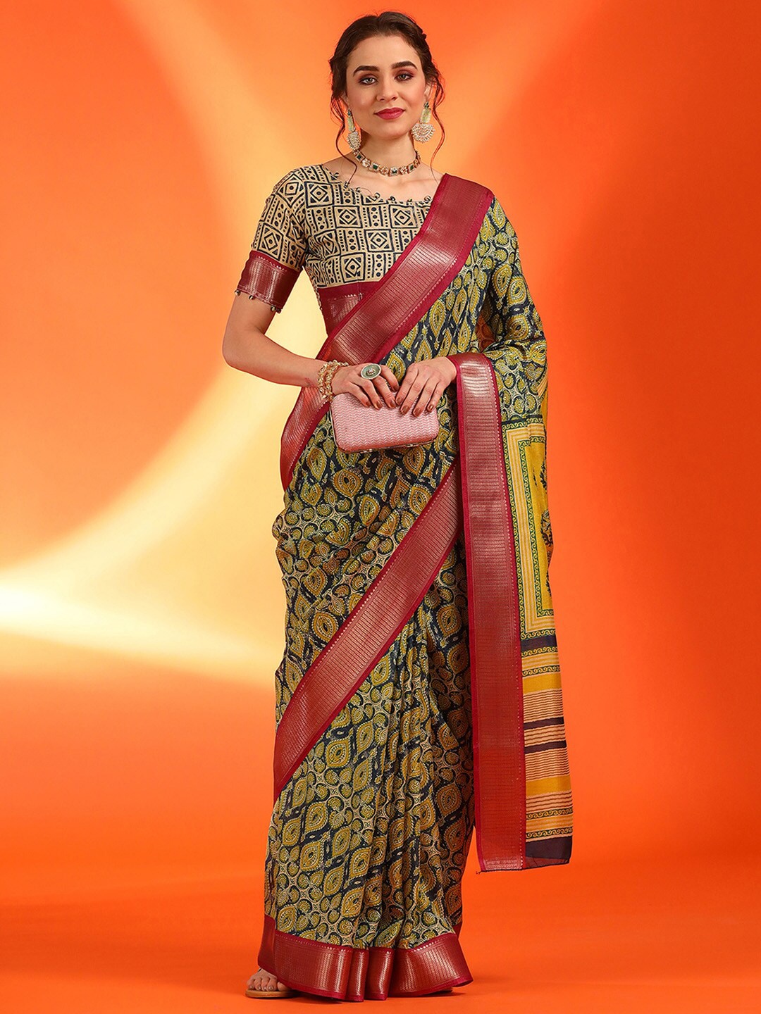 

KALINI Ethnic Motifs Printed Woven Design Zari Sungudi Saree, Mustard