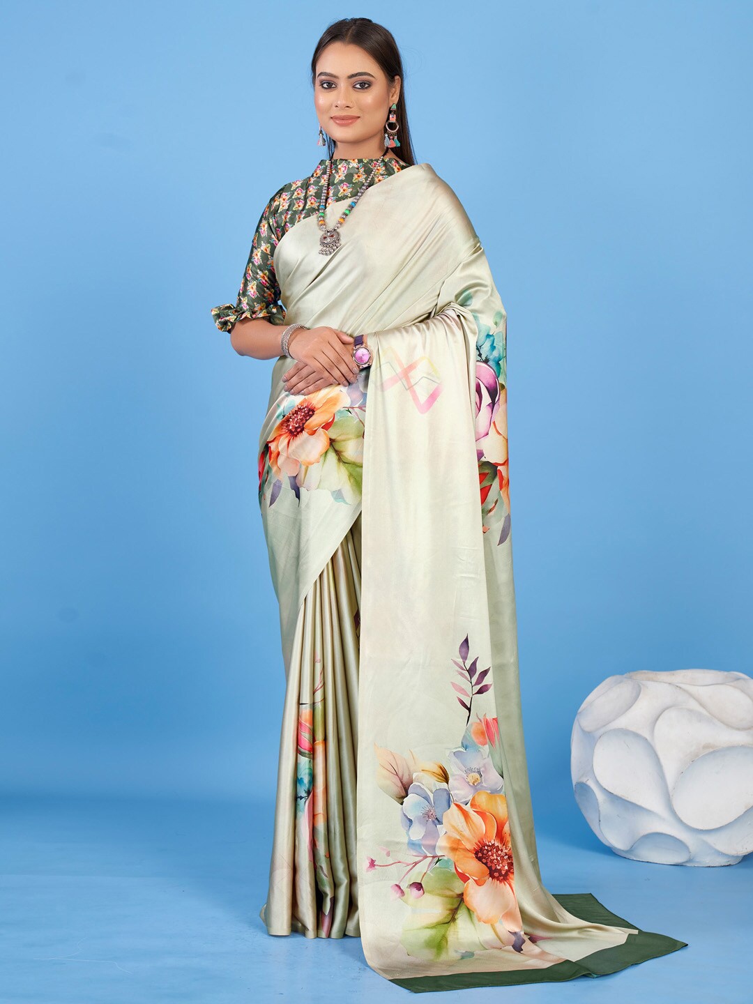 

KALINI Self Design Floral Printed Satin Block Print Saree, Green