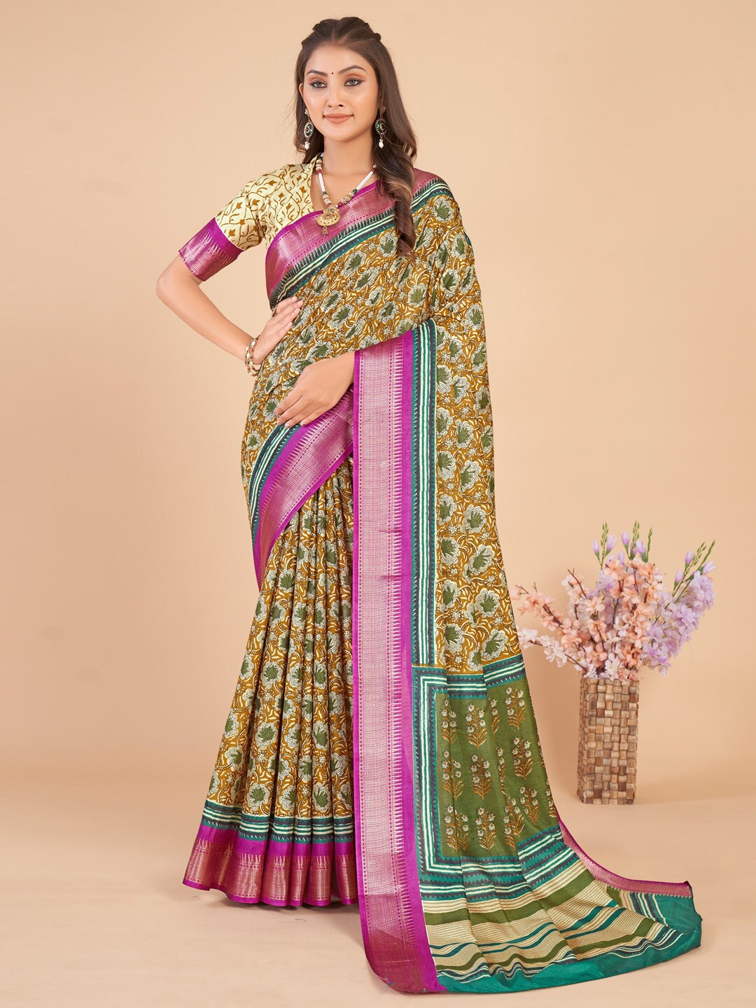 

KALINI Ethnic Motifs Printed Zari Sungudi Saree, Camel brown