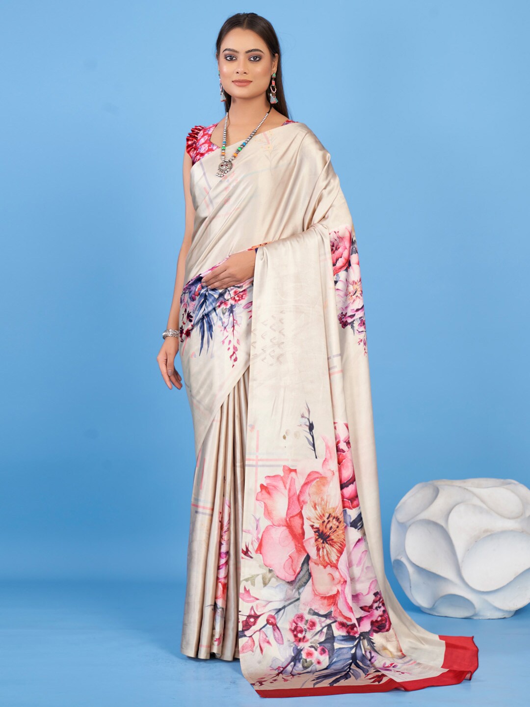 

KALINI Floral Satin Block Print Saree, Cream