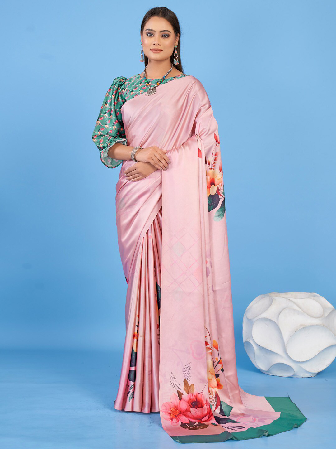 

KALINI Self Design Floral Printed Satin Block Print Saree, Pink