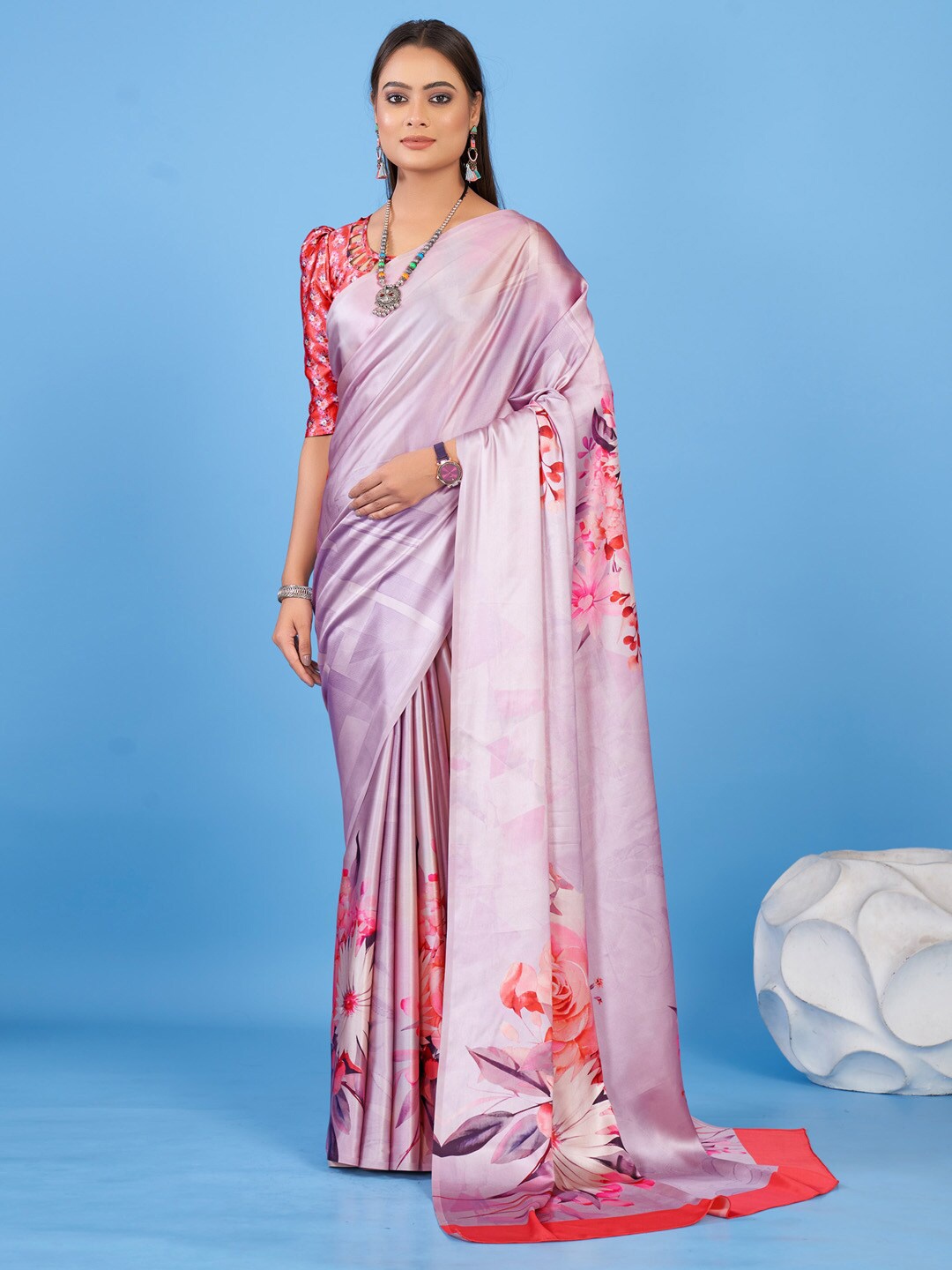 

KALINI Self Design Floral Printed Satin Block Print Saree, Mauve