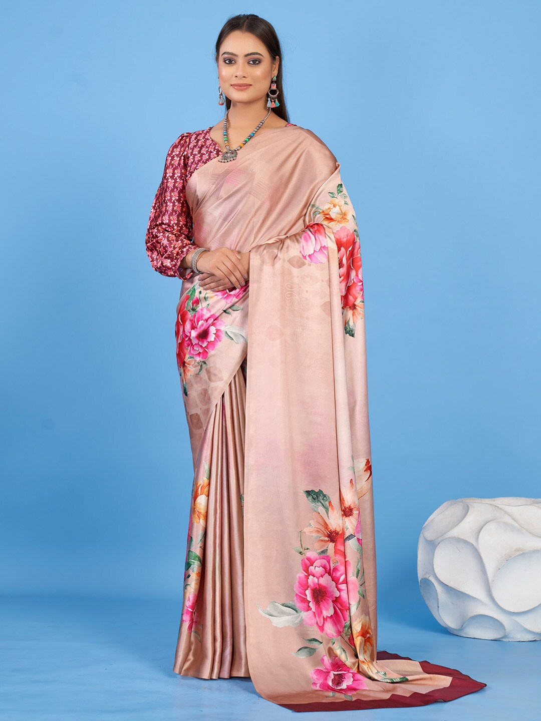 

KALINI Self Design Floral Printed Satin Block Print Saree, Beige