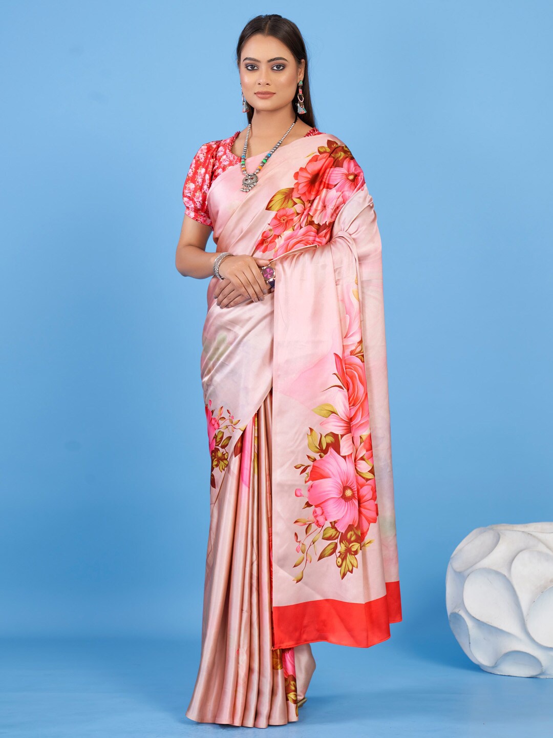 

KALINI Floral Satin Block Print Saree, Rose gold