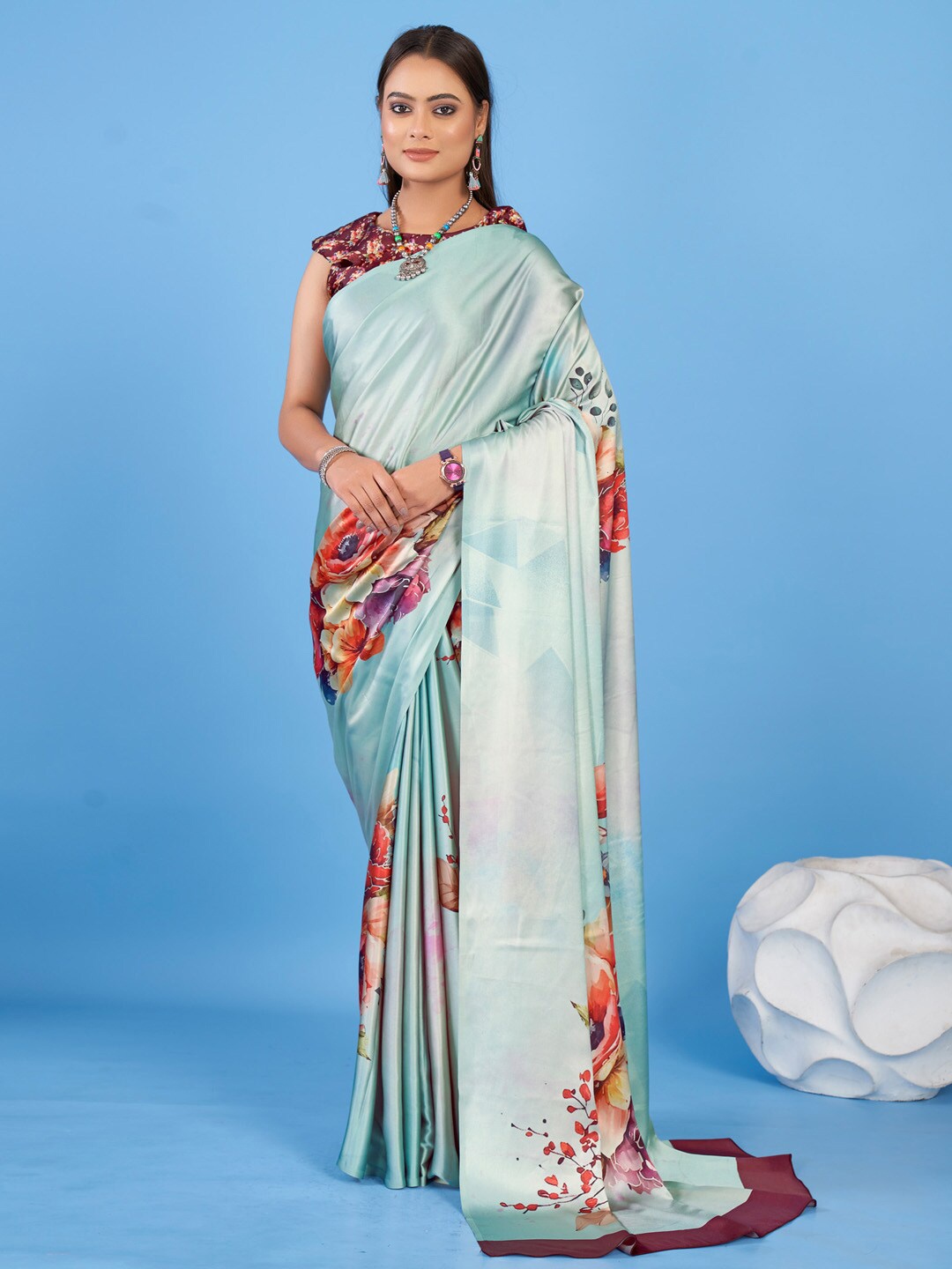 

KALINI Self Design Floral Printed Satin Block Print Saree, Blue