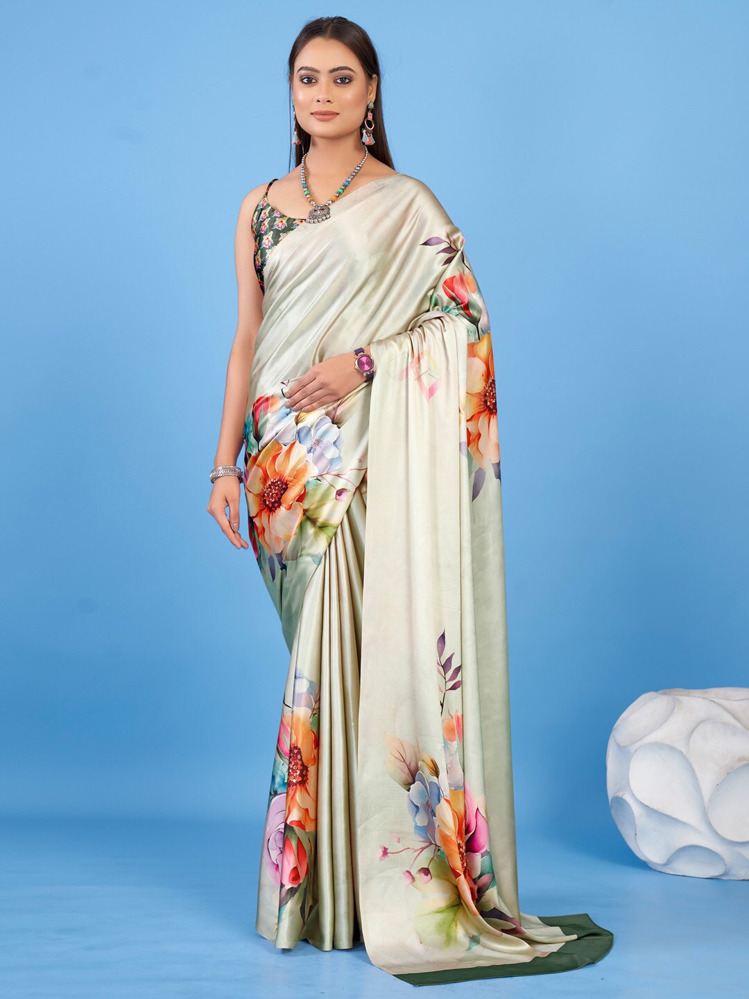 

KALINI Self Design Floral Printed Satin Block Print Saree, Green