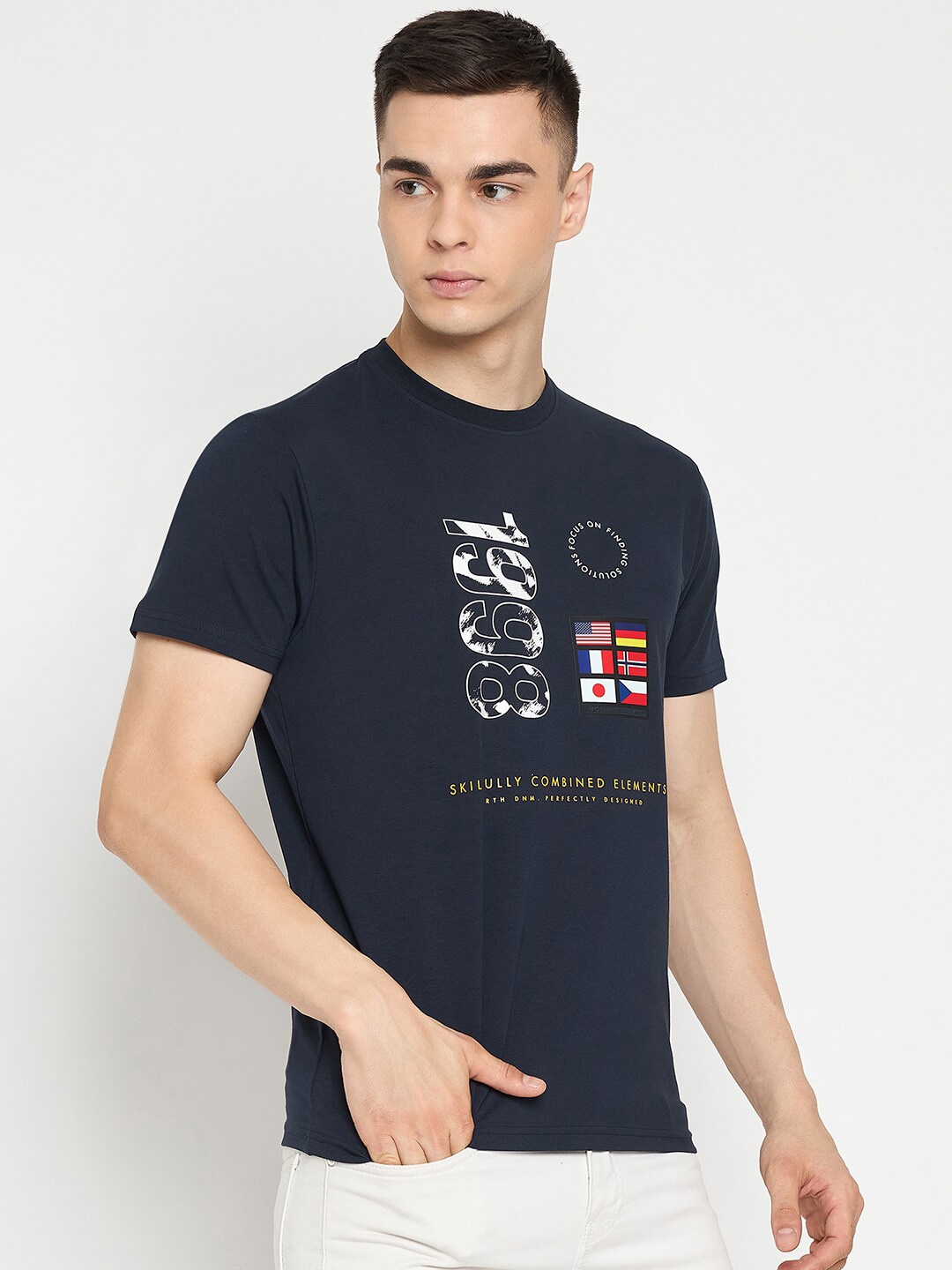 

98 Degree North Typography Printed Pure Cotton T-shirt, Navy blue