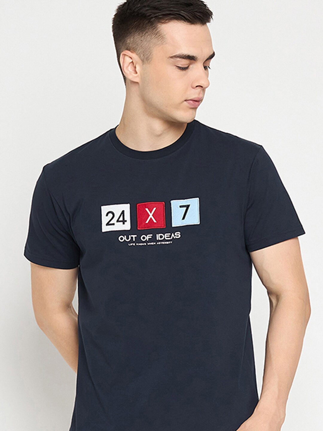 

98 Degree North Typography Printed Pure Cotton T-shirt, Navy blue