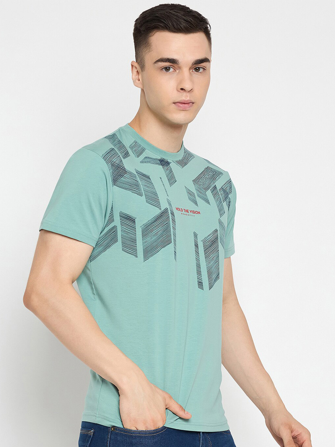 

98 Degree North Geometric Printed Pure Cotton T-shirt, Sea green