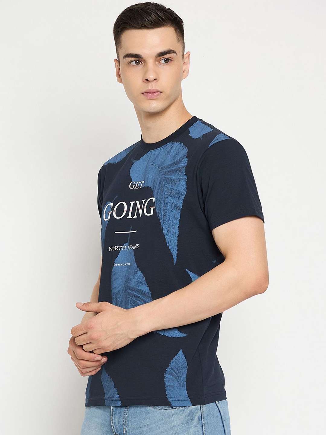 

98 Degree North Tropical Printed Pure Cotton T-shirt, Navy blue