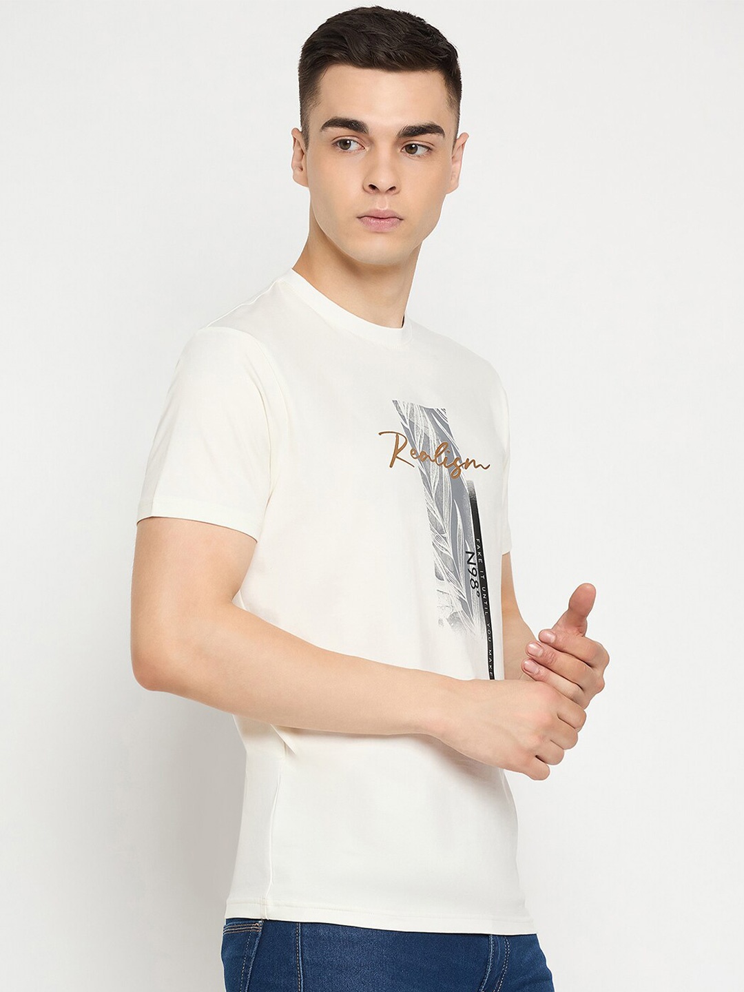 

98 Degree North Typography Printed Round Neck Short Sleeves Pure Cotton T-shirt, Off white