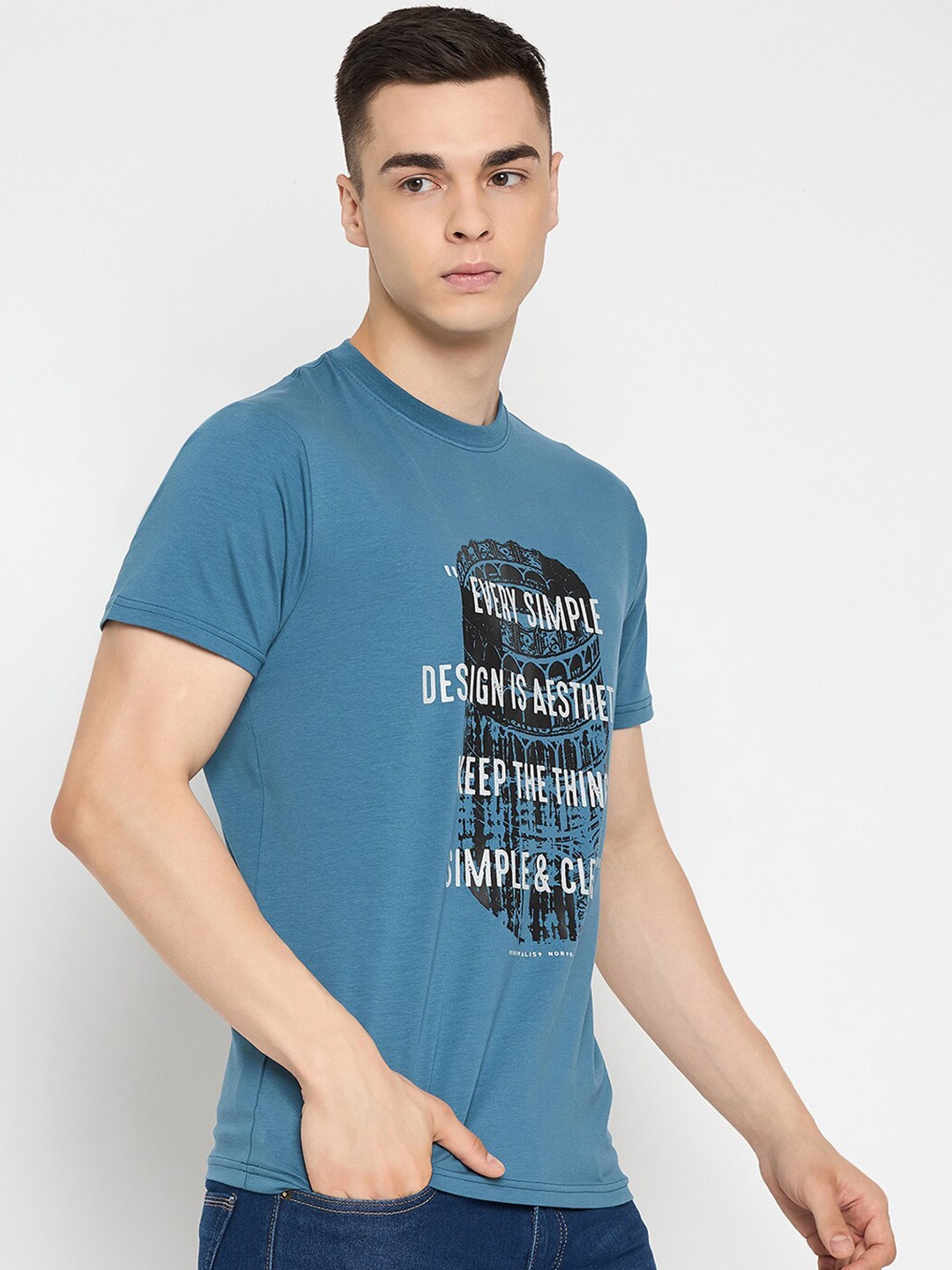 

98 Degree North Typography Printed Round Neck Short Sleeve Pure Cotton T-shirt, Blue