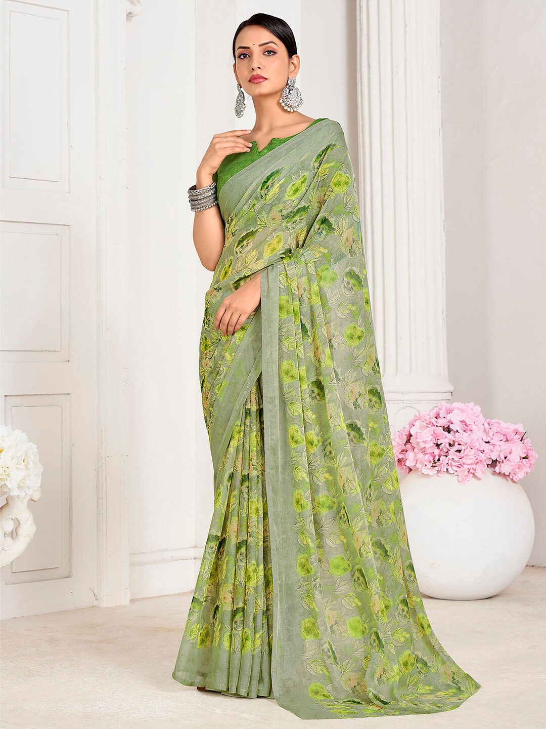 

Mitera Floral Poly Chiffon Bagru Saree, Green