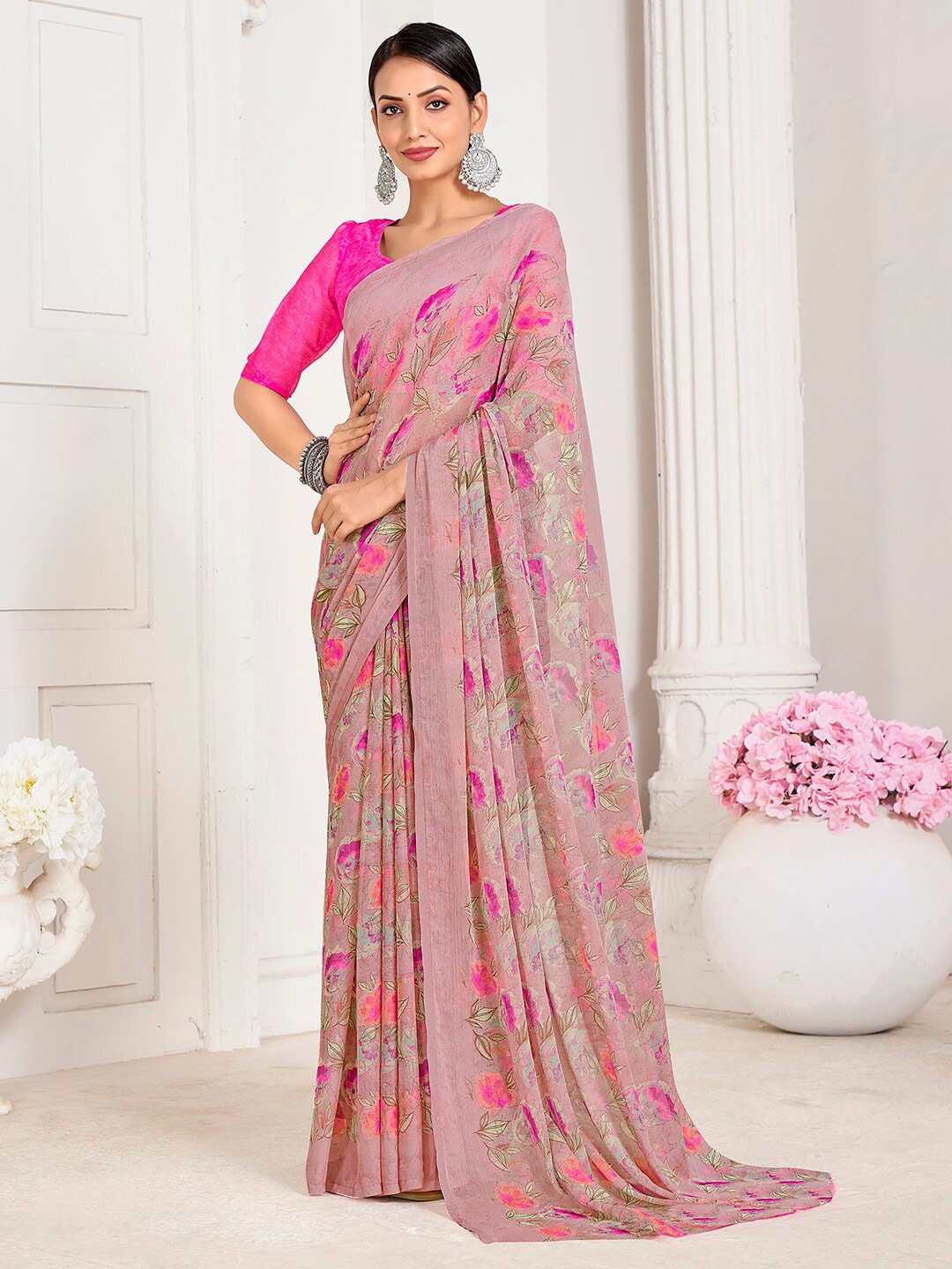 

Mitera Mauve Green Floral Poly Chiffon Bagru Saree