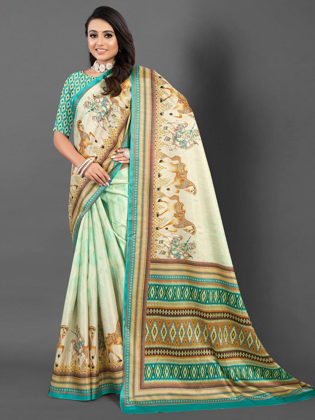 

Mitera Beige & Green Ethnic Motifs Printed Bagru Saree