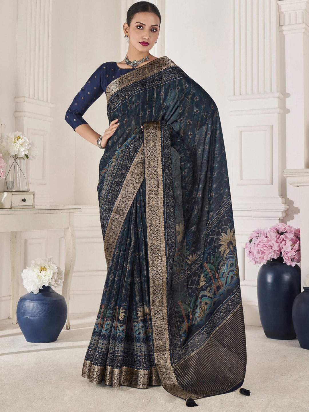 

Mitera Navy Blue Geometric Printed Zari Banarasi Saree