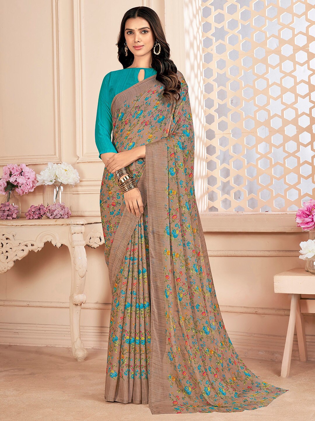 

Mitera Floral Pure Chiffon Bagru Saree, Brown