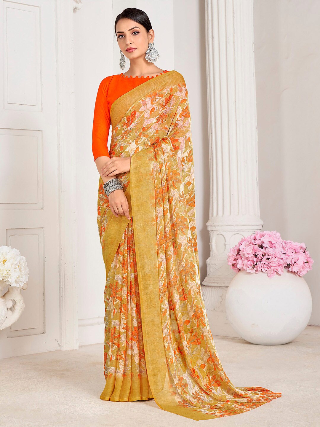 

Mitera Poly Chiffon Bagru Saree, Yellow