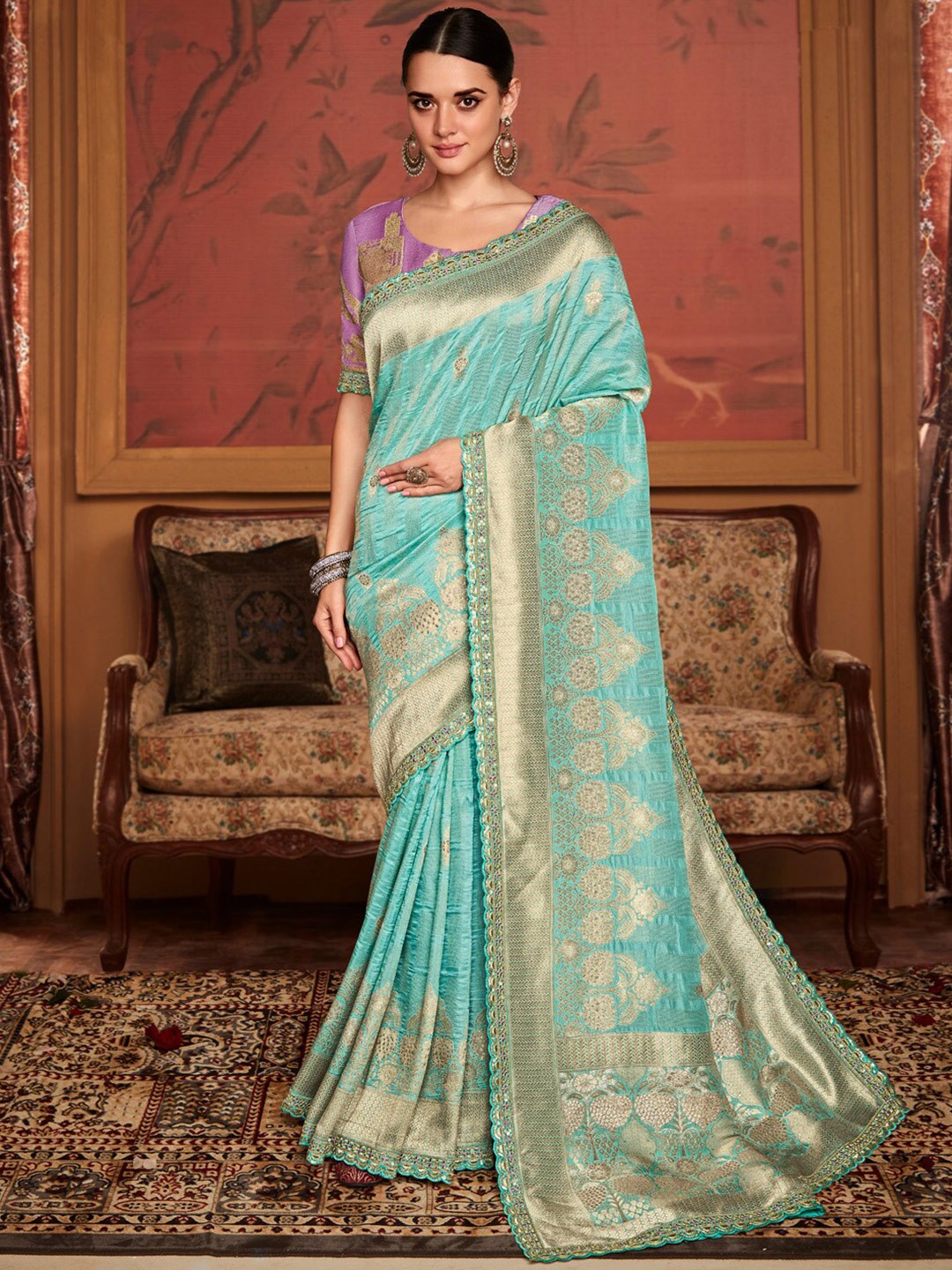 

Mitera Ethnic Motifs Sequinned Saree, Blue