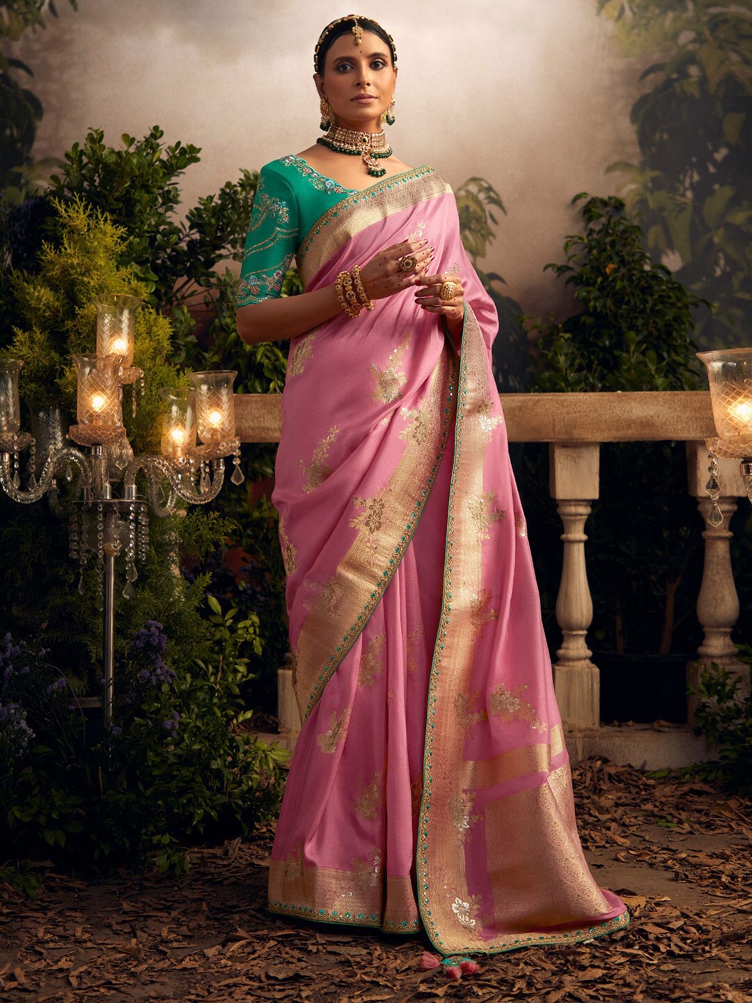 

Mitera Pink And Gold-Toned Ethnic Motifs Woven Design Sequinned Saree
