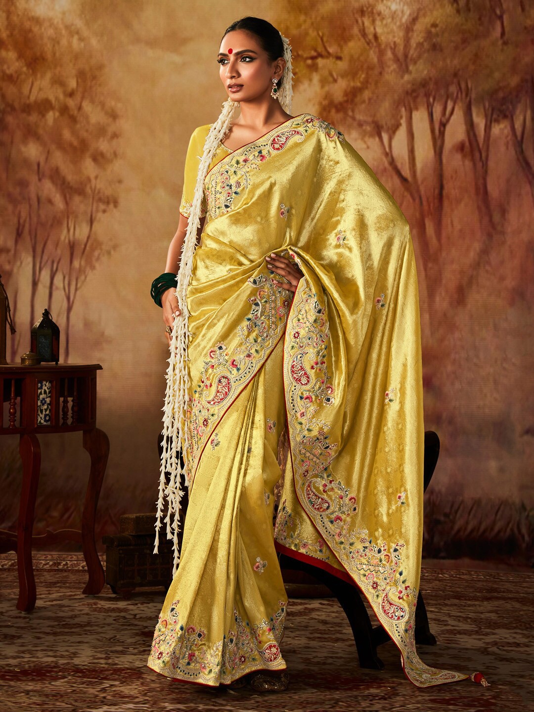 

Mitera Ethnic Motifs Embellished Beads and Stones Kanjeevaram Saree, Yellow