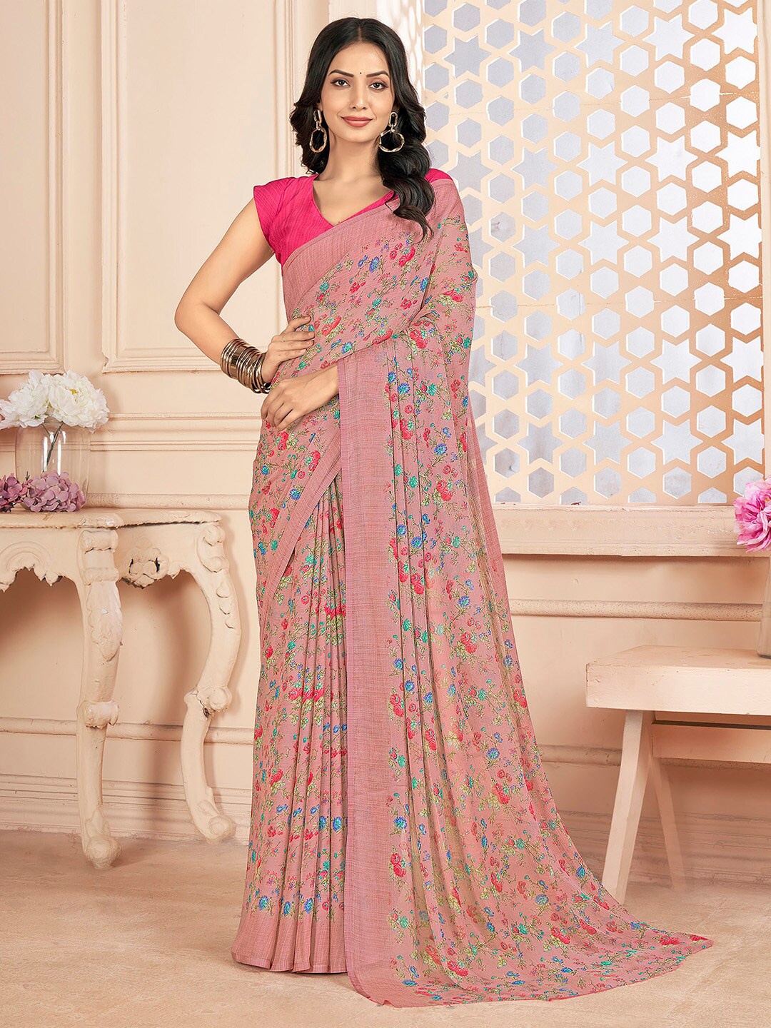 

Mitera Floral Printed Poly Chiffon Bagru Saree, Rose gold