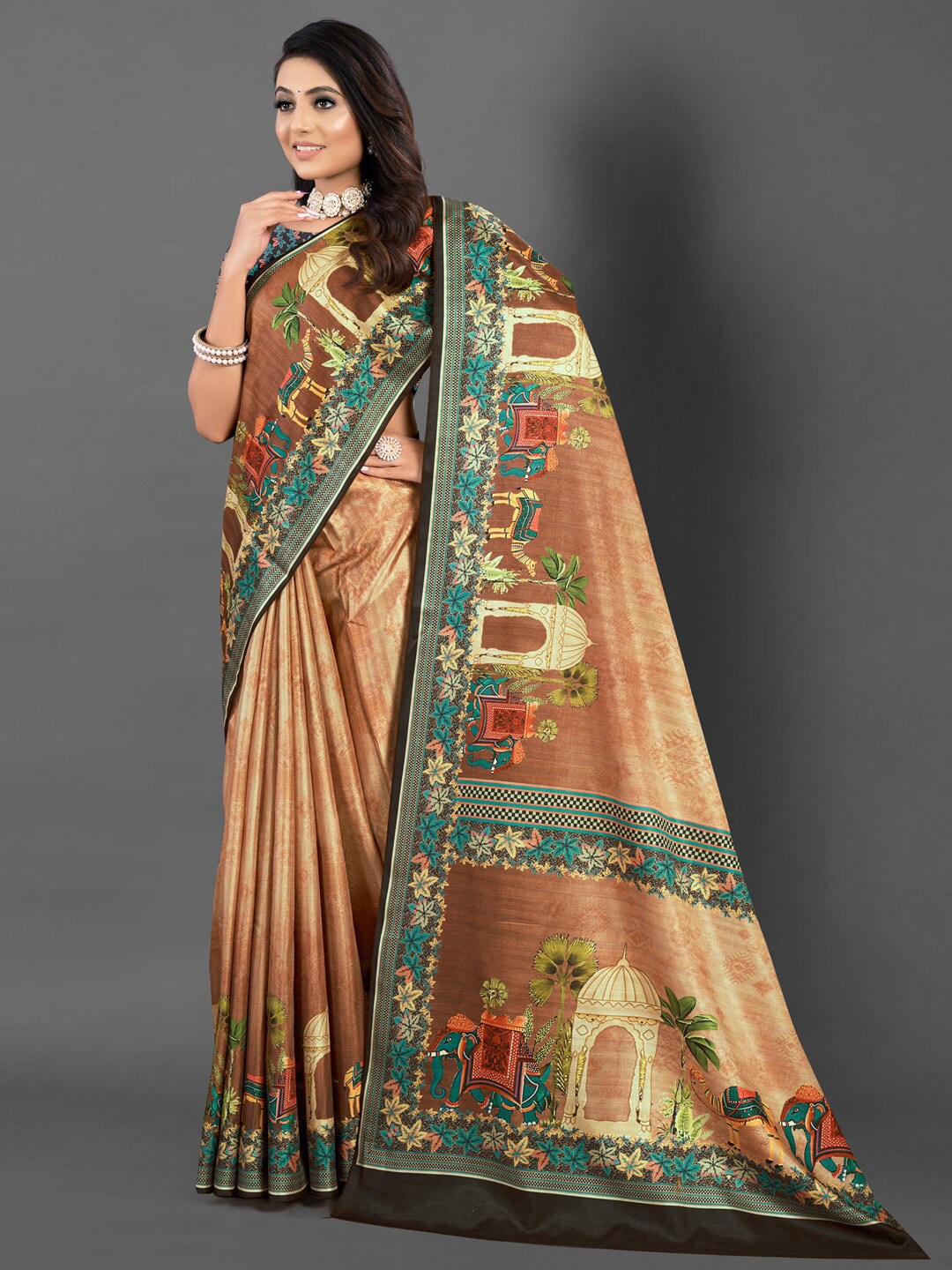 

Mitera Ethnic Motifs Printed Bagru Saree, Brown