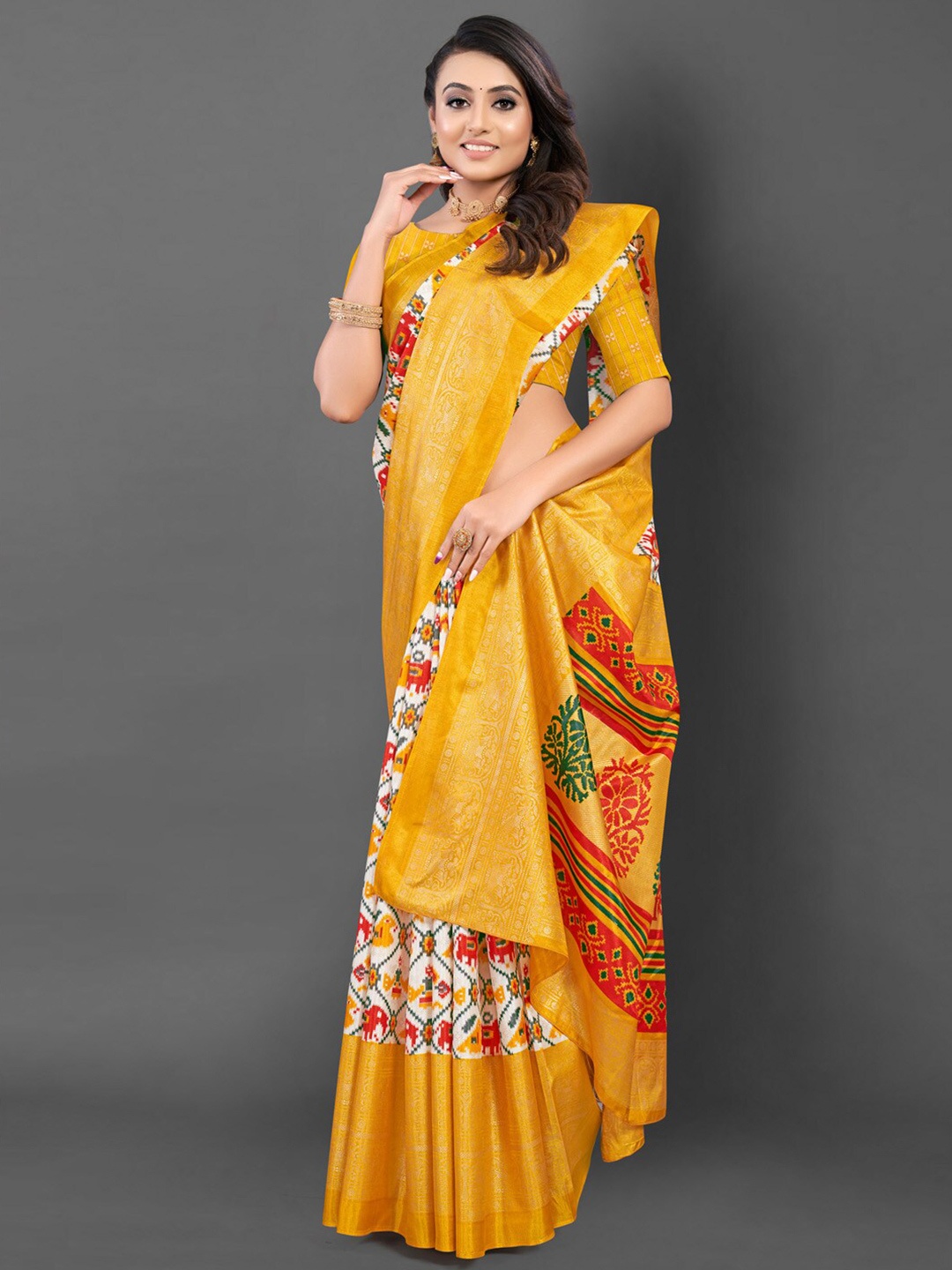 

Mitera White And Yellow Ethnic Motifs Printed Zari Pochampally Saree