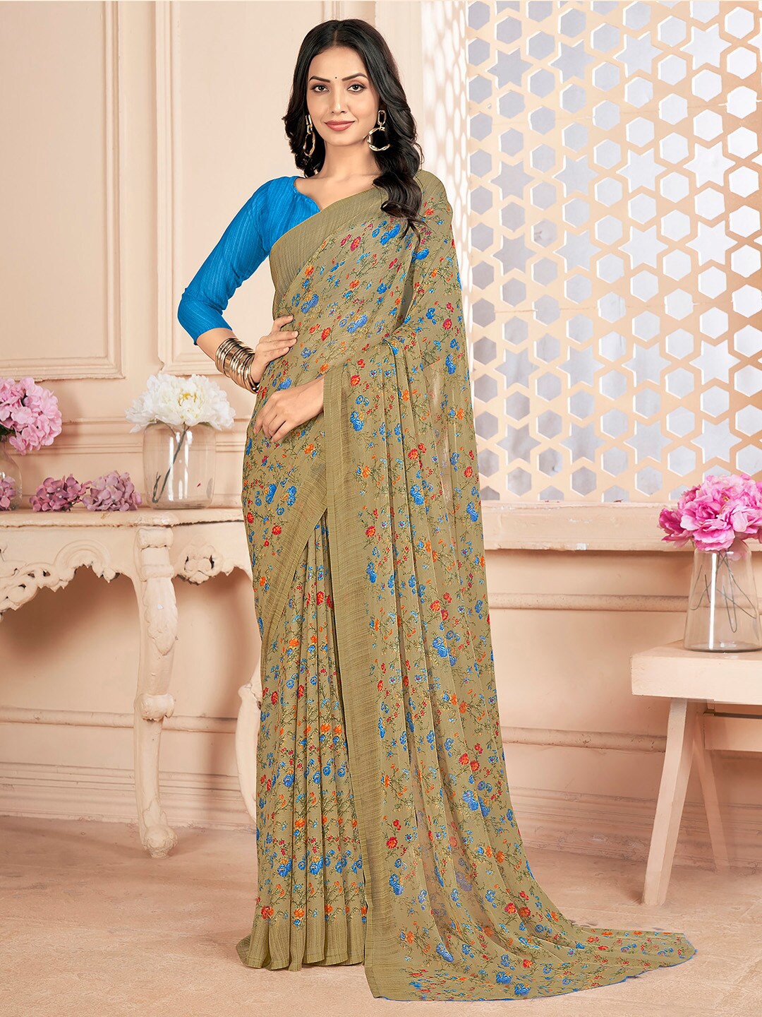 

Mitera Olive Floral Printed Poly Chiffon Bagru Saree