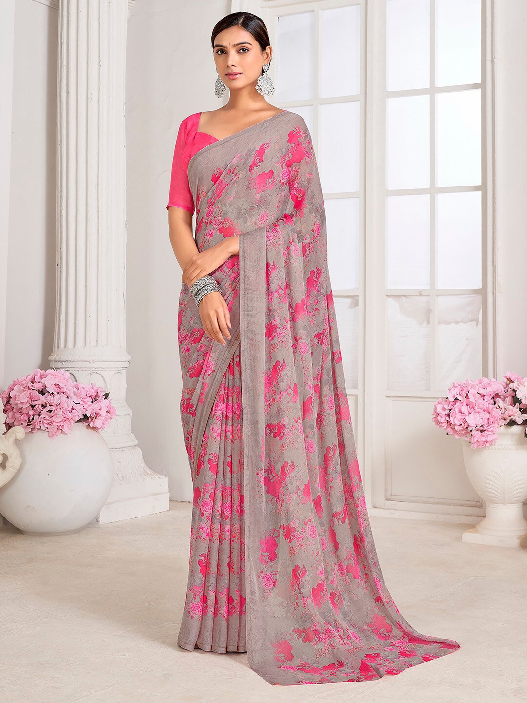 

Mitera Grey Pink Floral Printed Poly Chiffon Bagru Saree