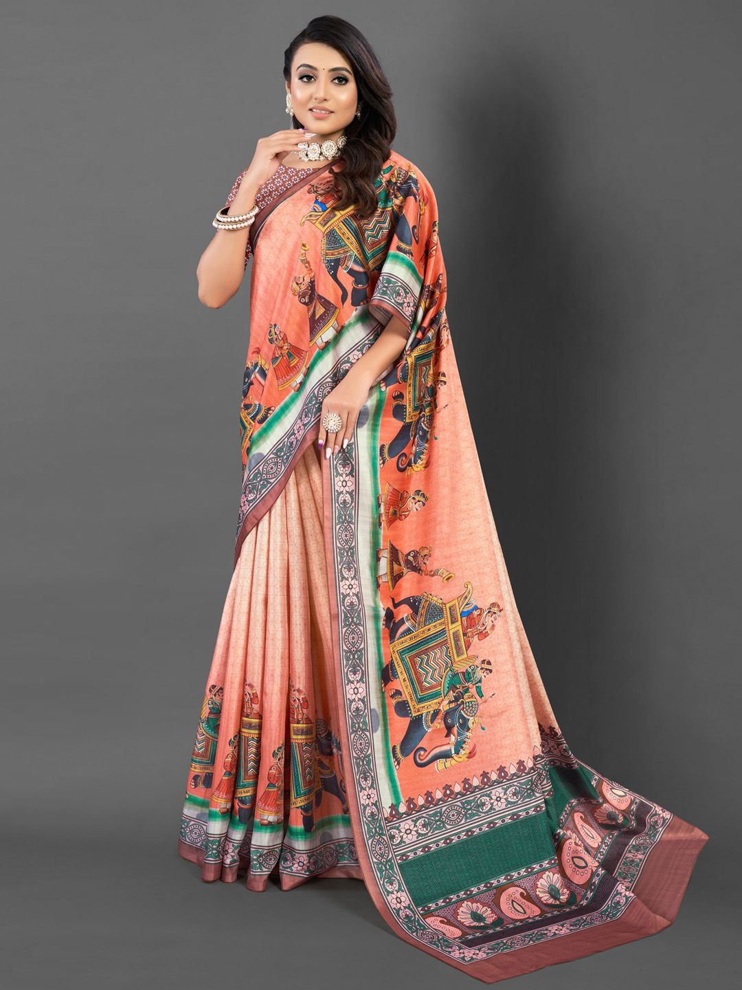 

Mitera Ethnic Motifs Bagru Saree, Peach