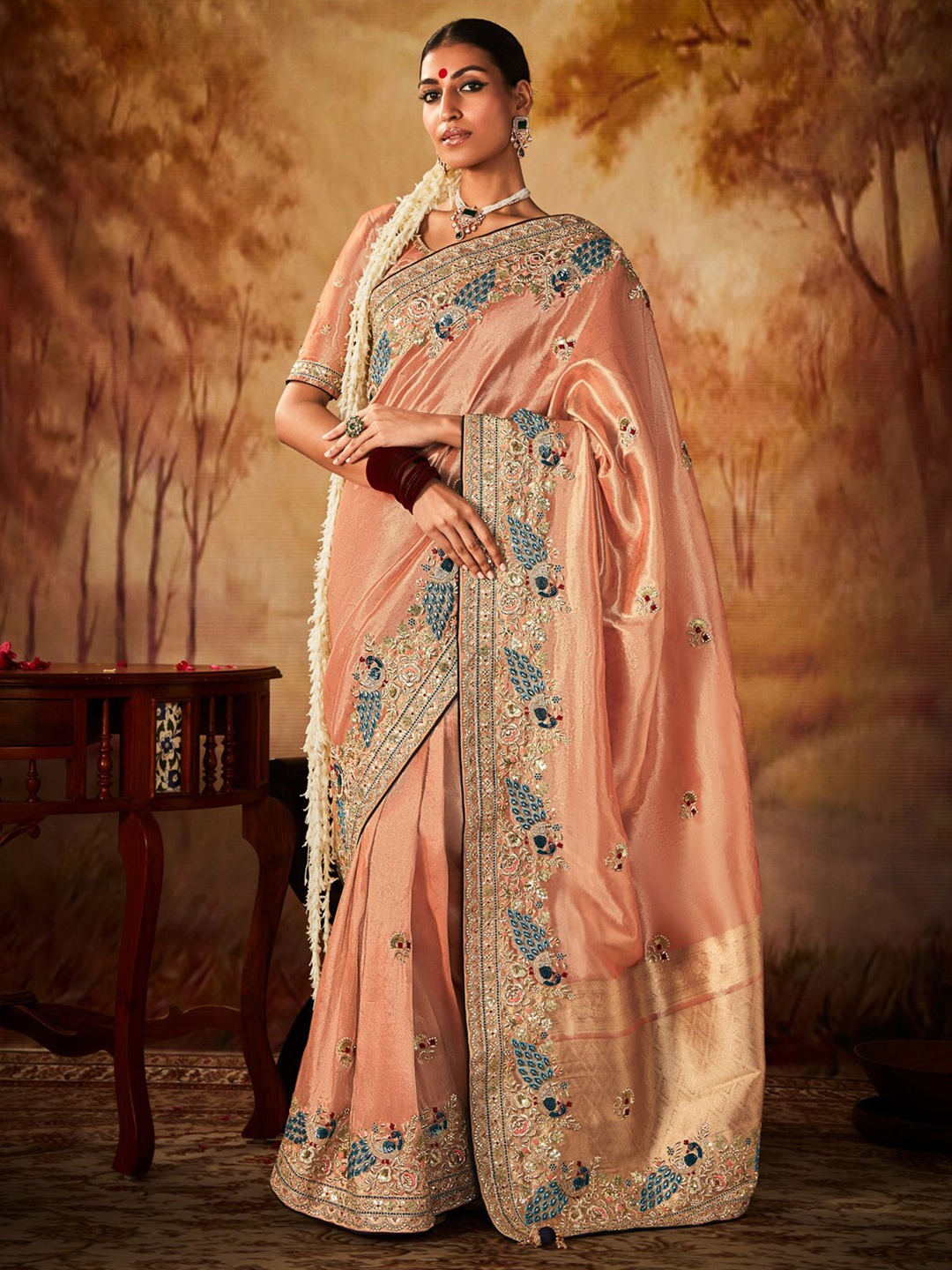 

Mitera Peach-Coloured And Gold-Toned Woven Design Kanjeevaram Saree