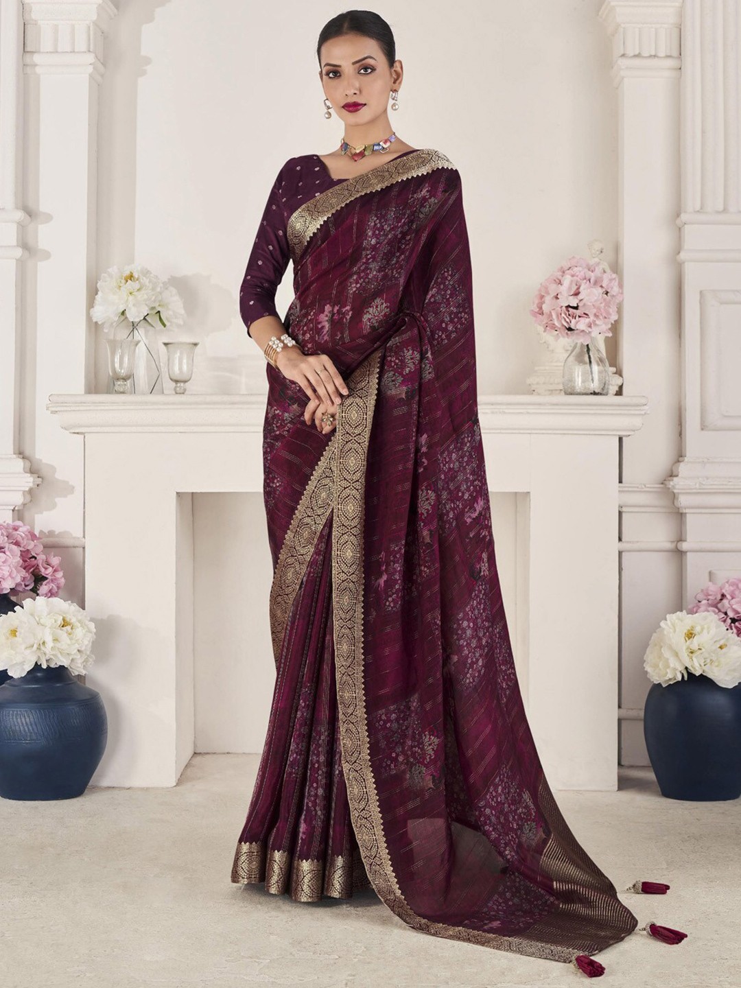 

Mitera Purple Ethnic Motifs Printed Zari Banarasi Saree