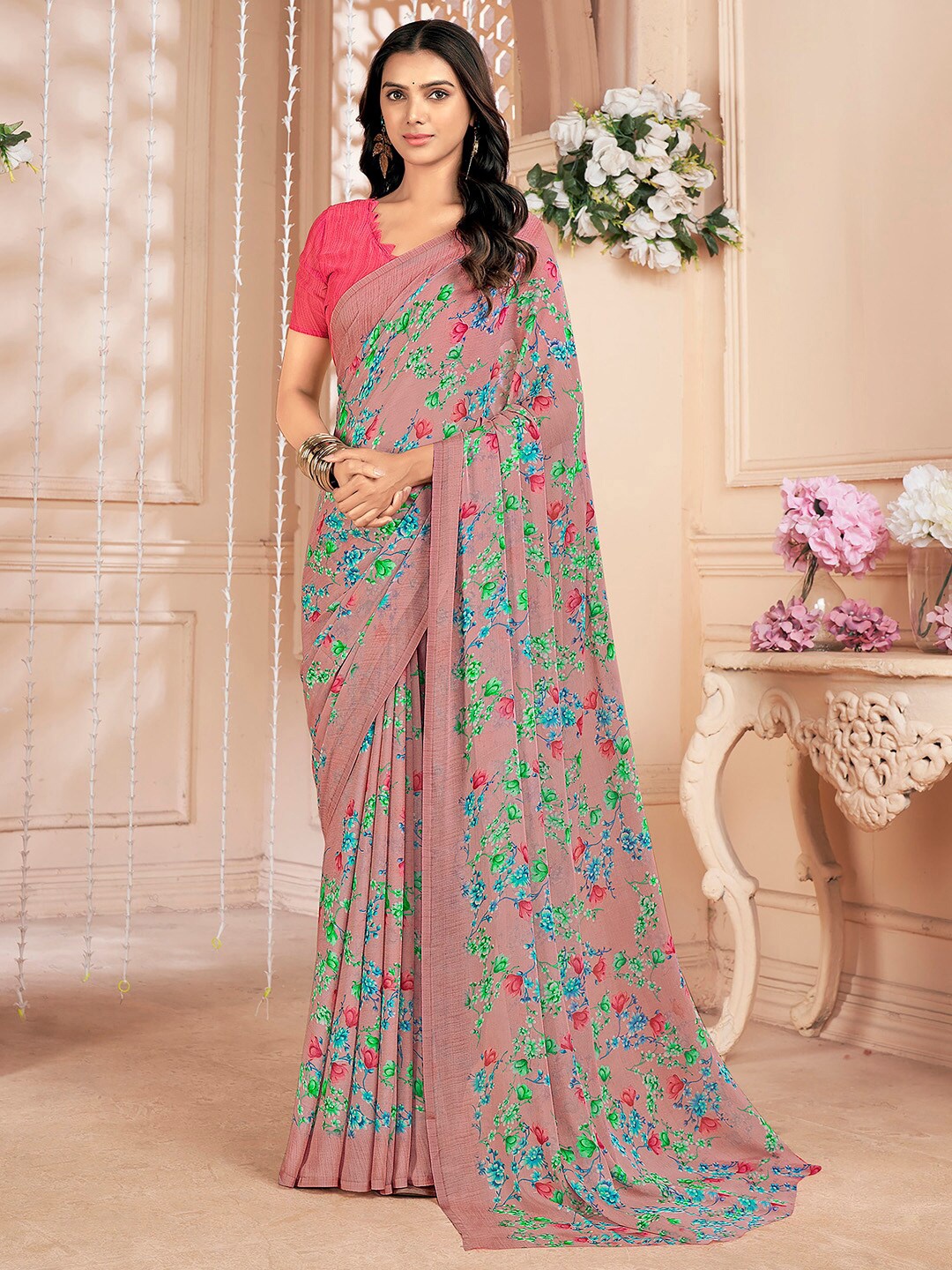 

Mitera Floral Poly Chiffon Bagru Saree, Rose gold