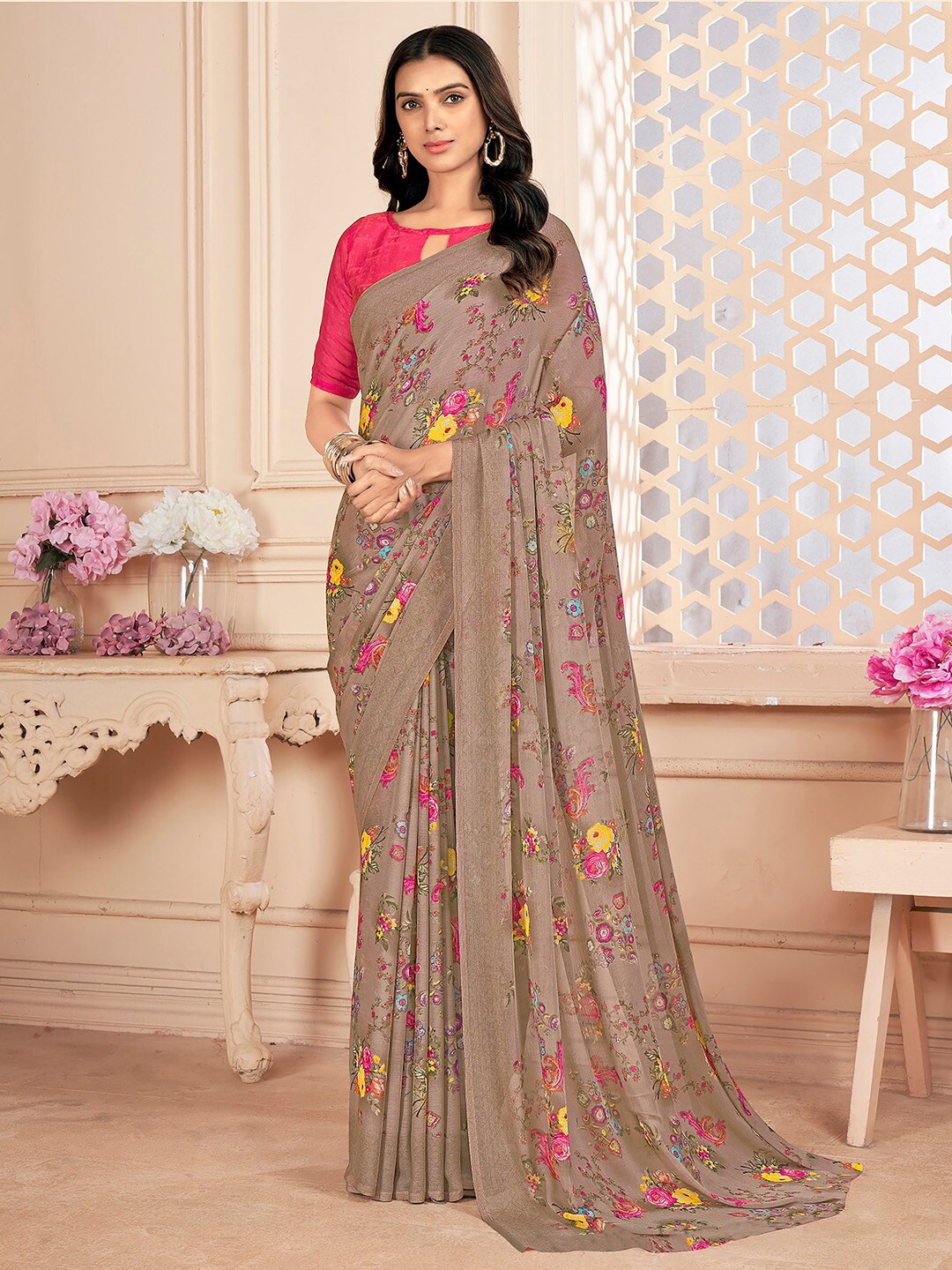 

Mitera Brown Floral Printed Pure Chiffon Bagru Saree