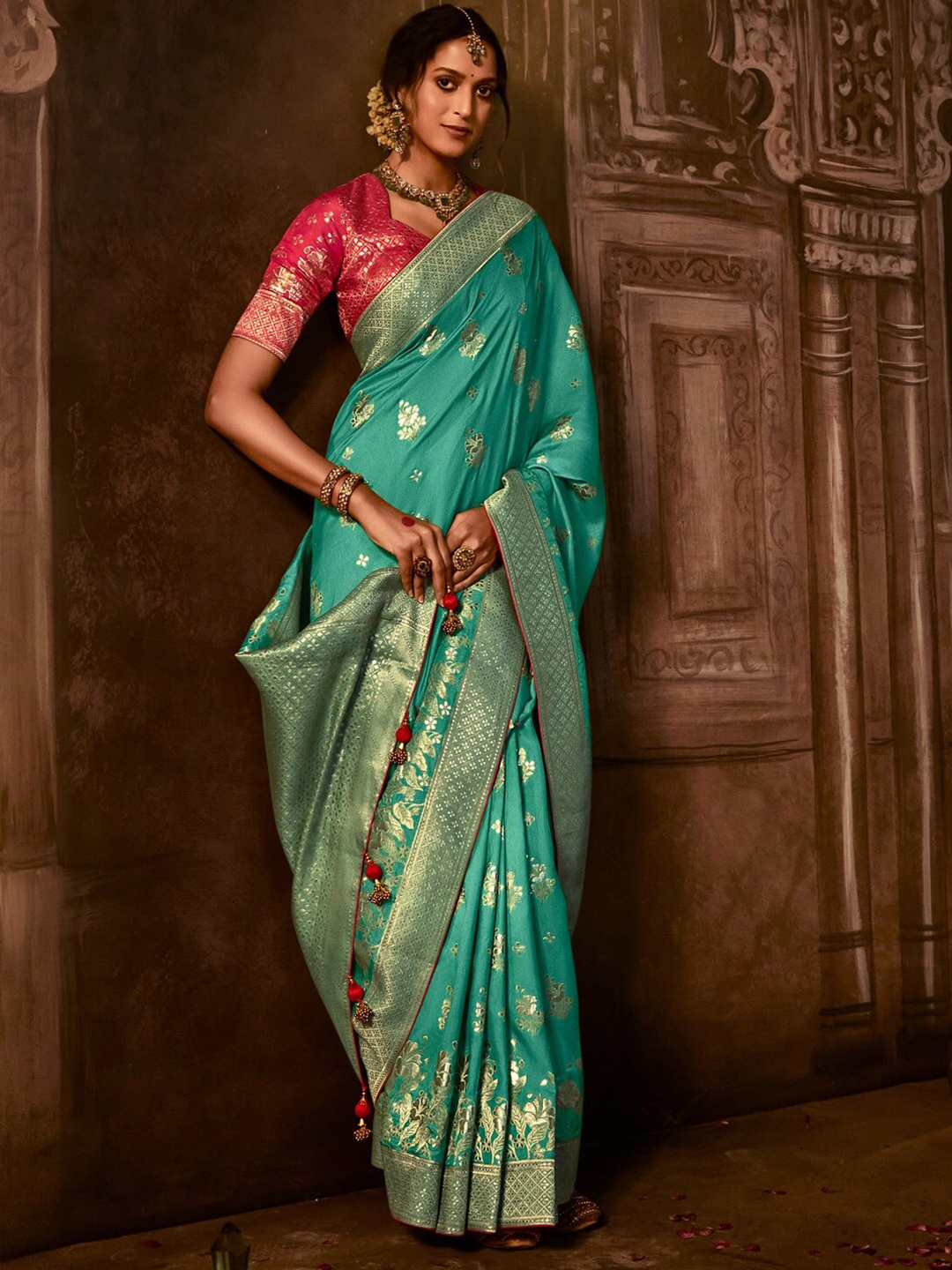 

Mitera Blue Ethnic Motifs Embroidered Zari Banarasi Saree