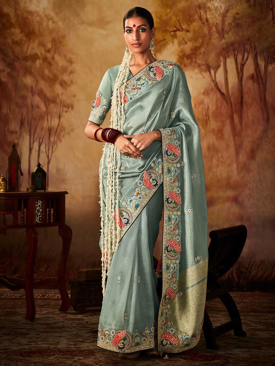 

Mitera Paisley Beads and Stones Saree, Metallic