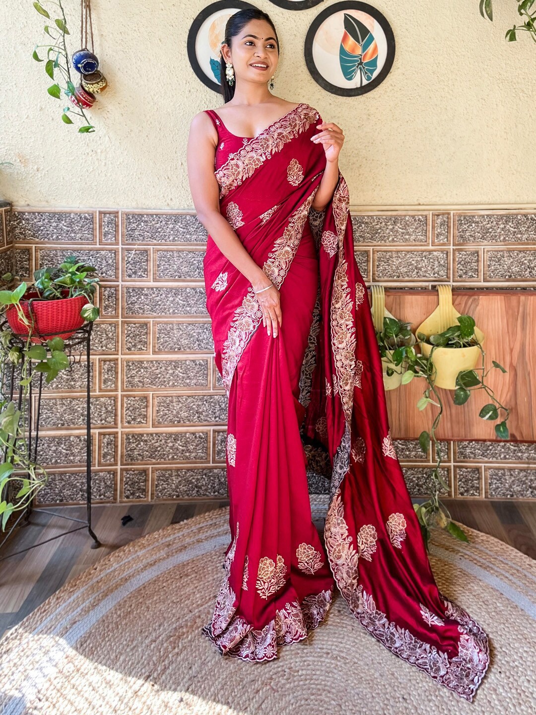 

Mitera Red & Silver Toned Paisley Embroidered Saree