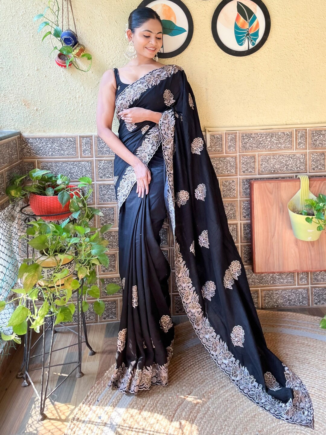 

Mitera Paisley Embroidered Saree, Black