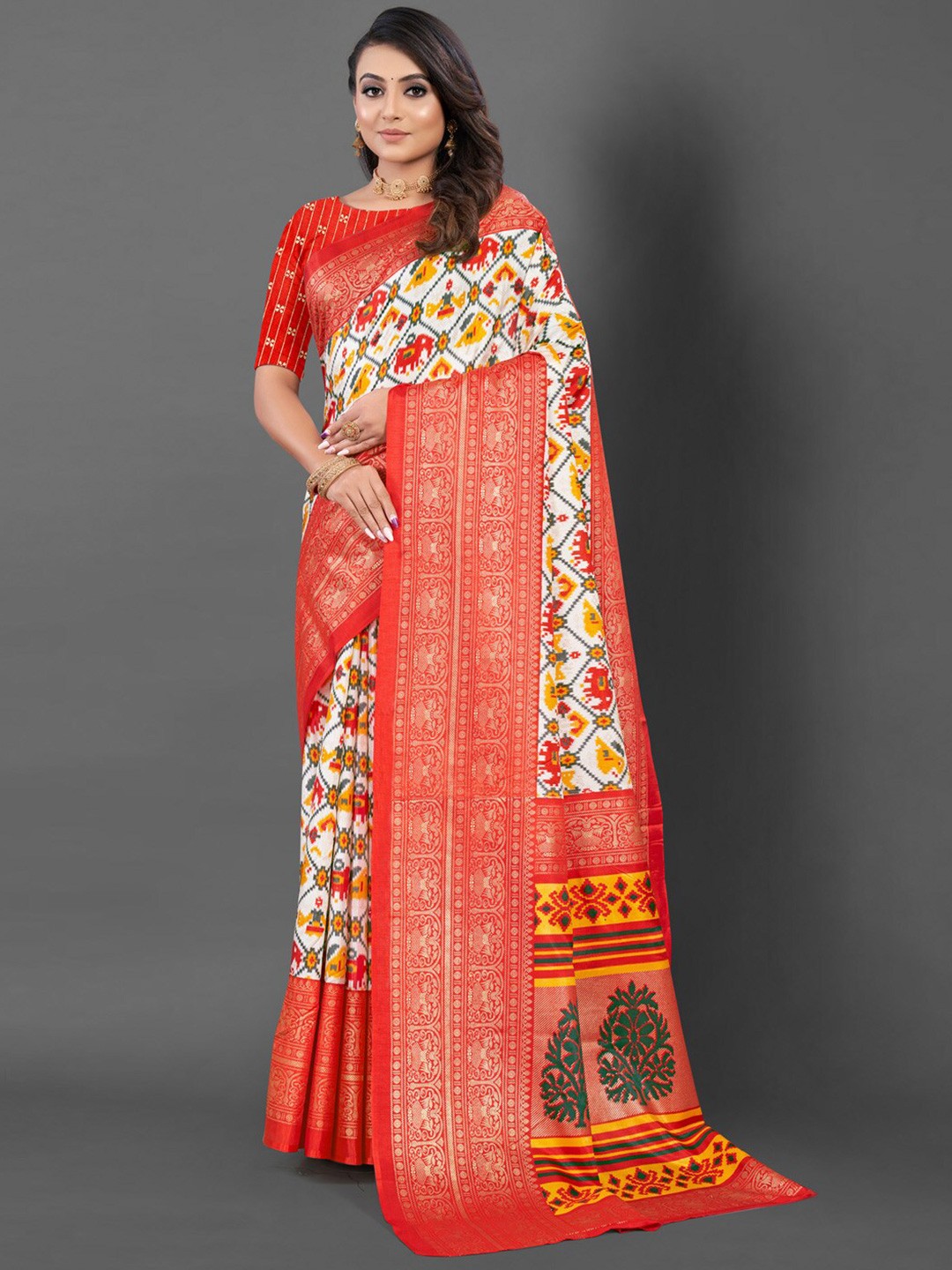 

Mitera White Ethnic Motifs Printed Pochampally Saree