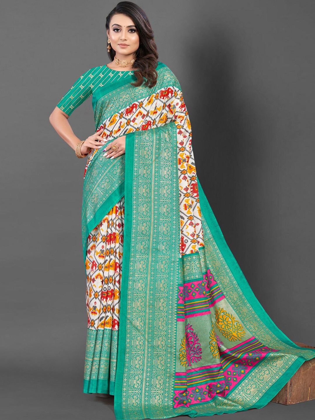 

Mitera White & Green Ethnic Motifs Printed Pochampally Saree