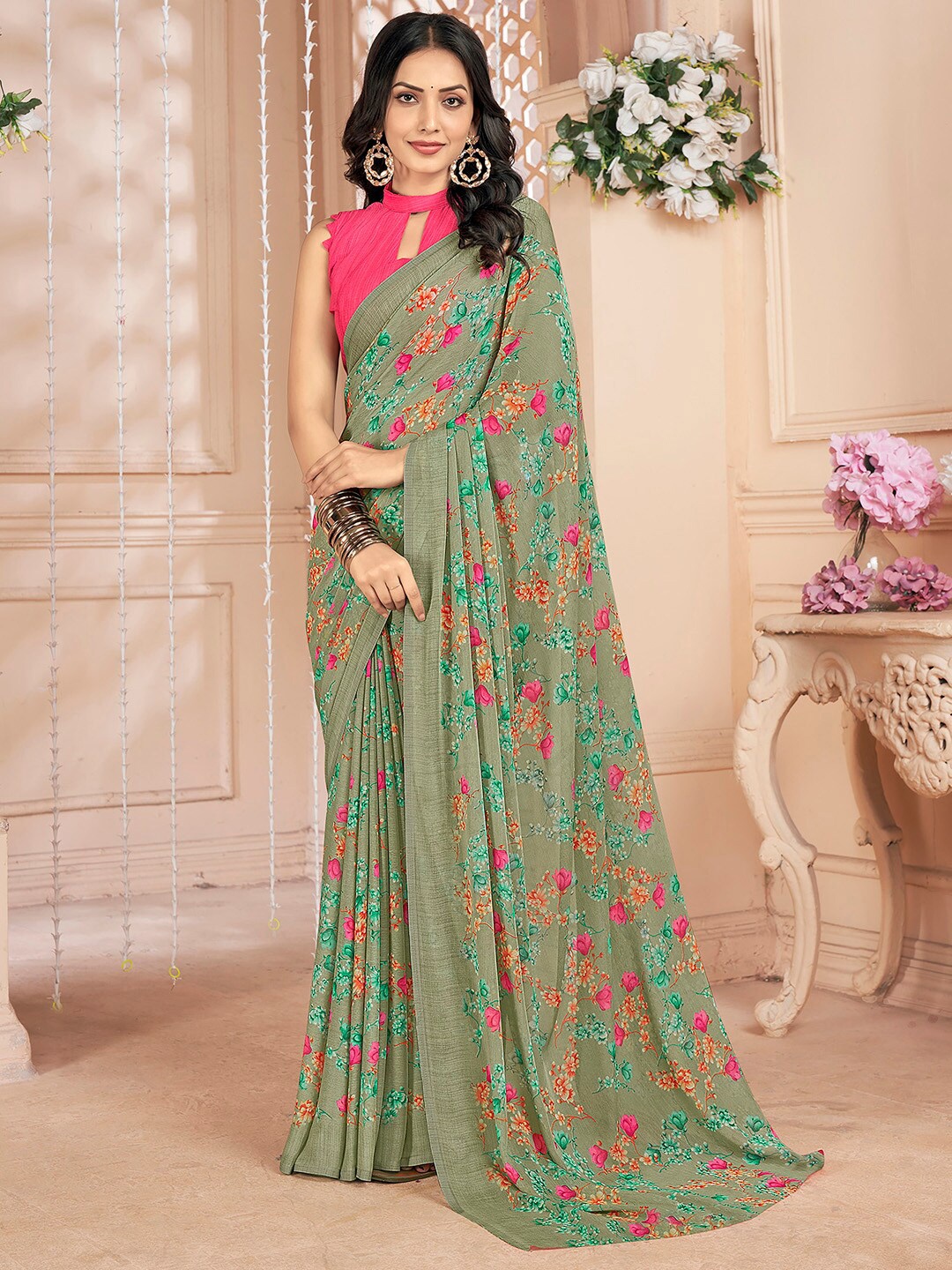 

Mitera Floral Printed Pure Chiffon Bagru Saree, Sea green