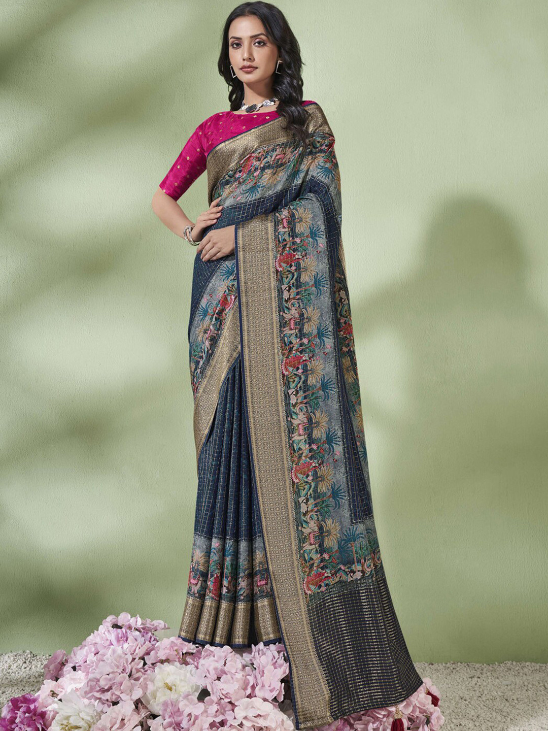 

Mitera Navy Blue & Gold Toned Floral Printed Zari Sungudi Saree