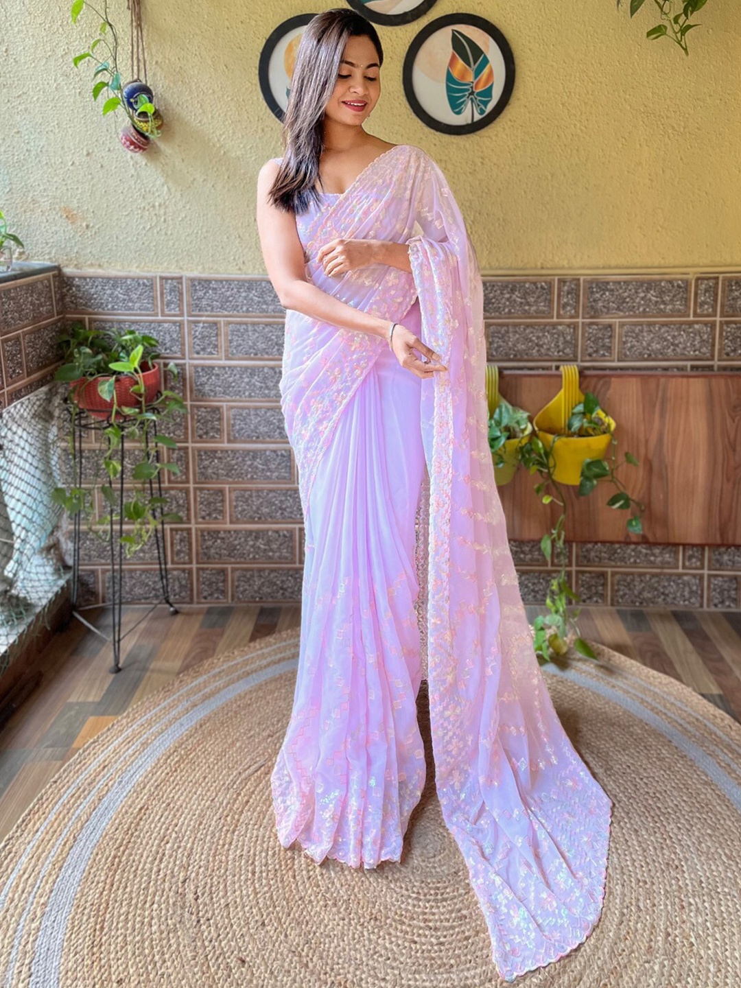 

Mitera Mauve Paisley Sequinned Pure Georgette Saree