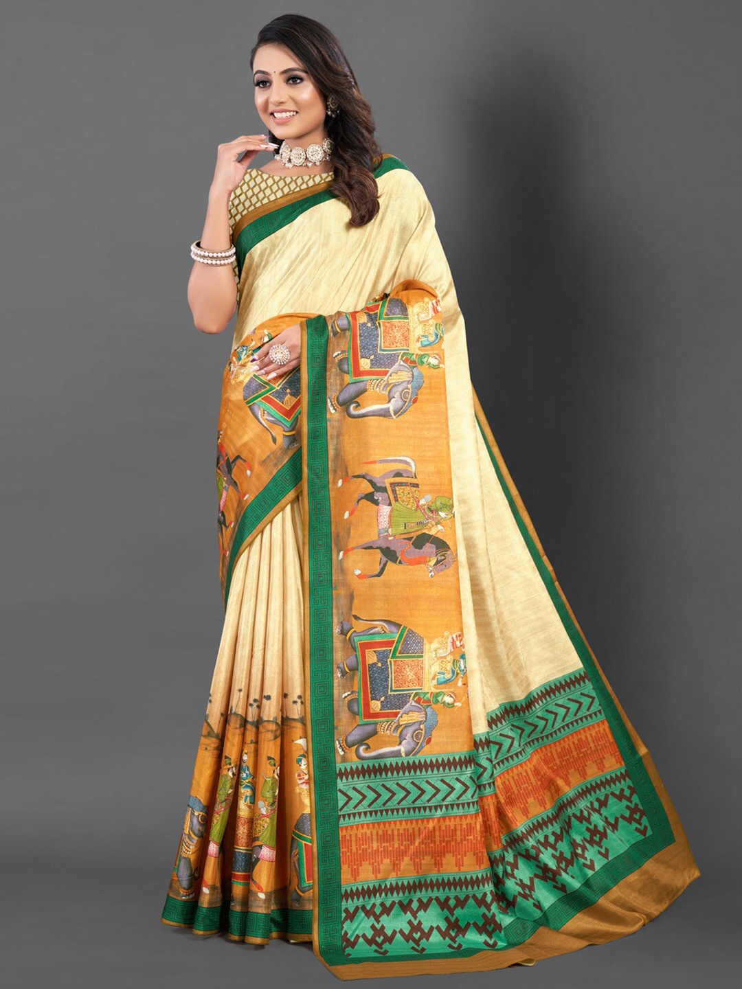 

Mitera Ethnic Motifs Bagru Saree, Cream