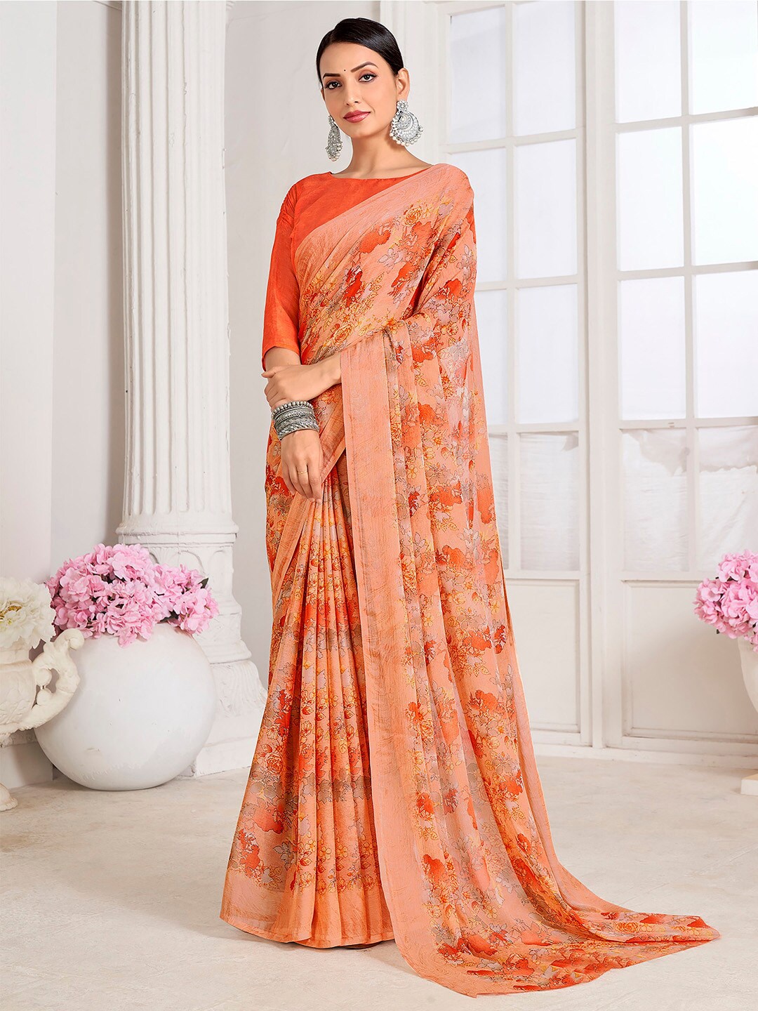 

Mitera Orange Abstract Printed Poly Chiffon Bagru Saree